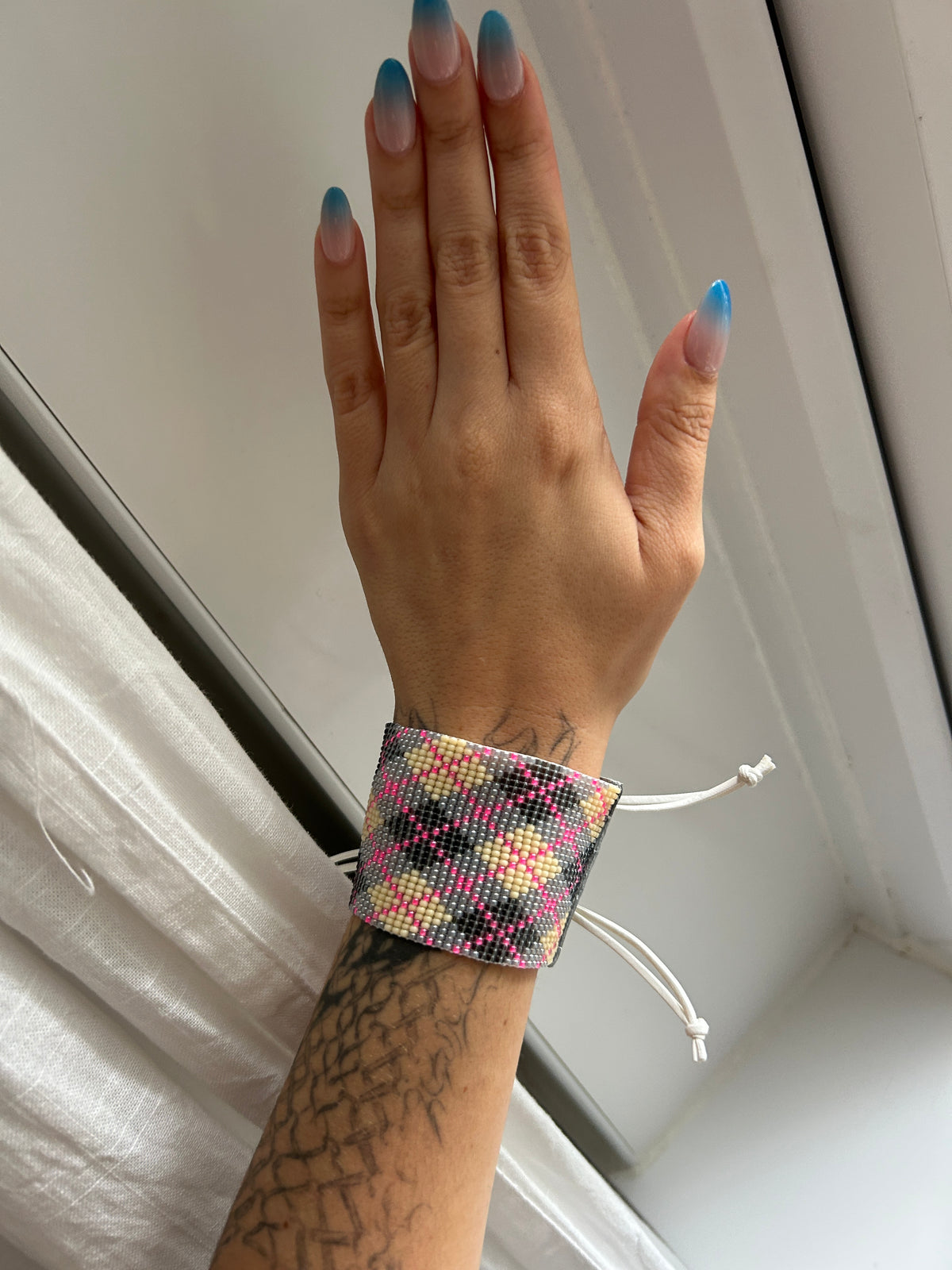 argyle bracelet - silver, grey, cream, neon pink